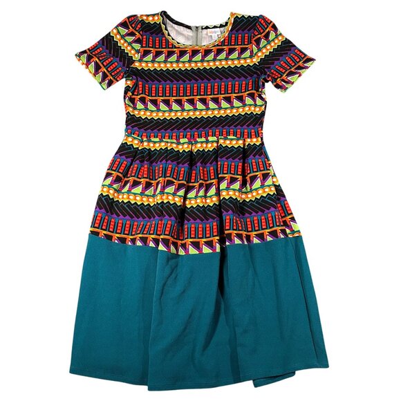 Lularoe Womens L Amelia SS Scoop Neck Back Zip Pleated Teal Geometric Dress - Picture 1 of 11